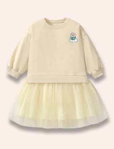 Cute Flower Printed Tulle Skirt Sweatshirt