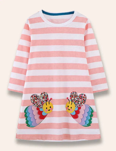 Colorful Bee Appliqué Striped Dress
