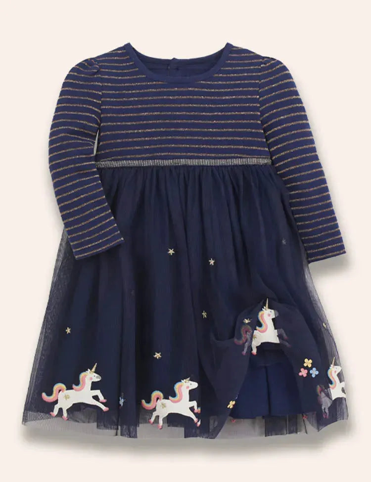Abito a righe in tulle stellato con applicazione unicorno