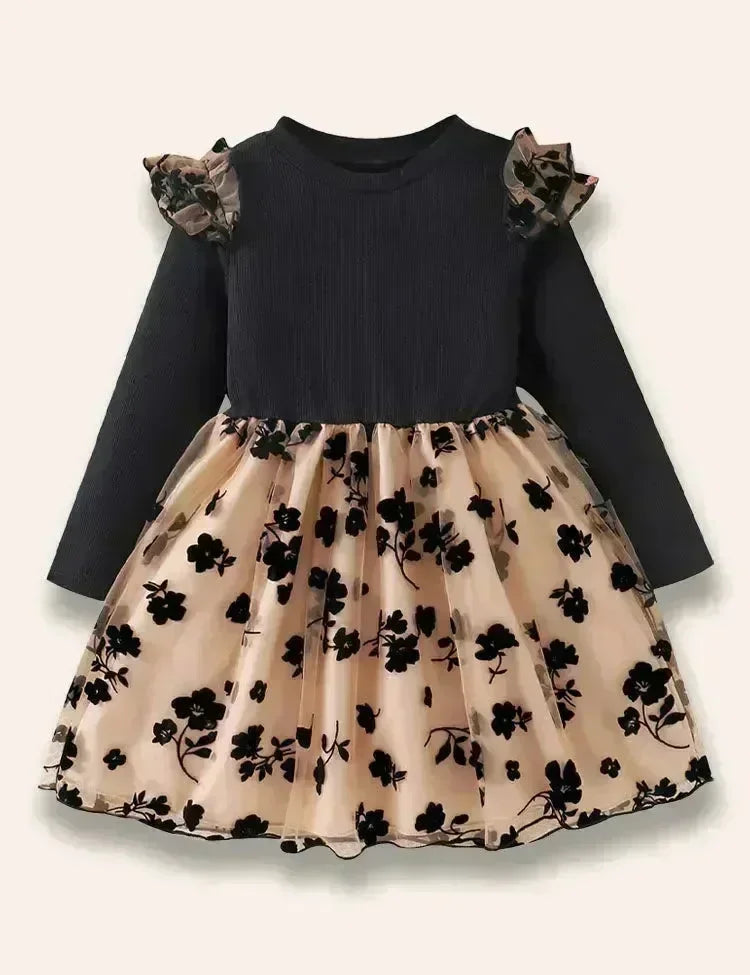 Elegant Floral Tulle Ruffled Dress