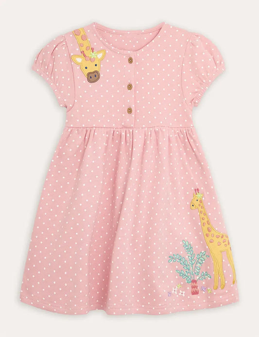 Korallrosa Kleid mit Giraffen-Applikation und Knopfleiste