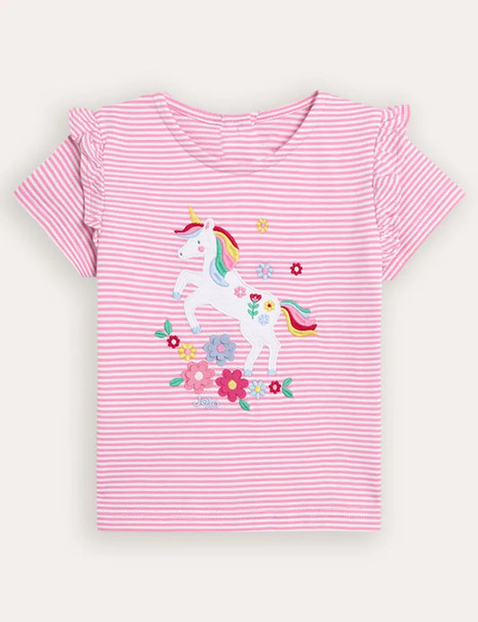 Fuchsiarosa Einhorn-Applikation T-Shirt mit Rüschenschultern