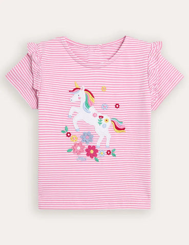 Fuchsiarosa Einhorn-Applikation T-Shirt mit Rüschenschultern
