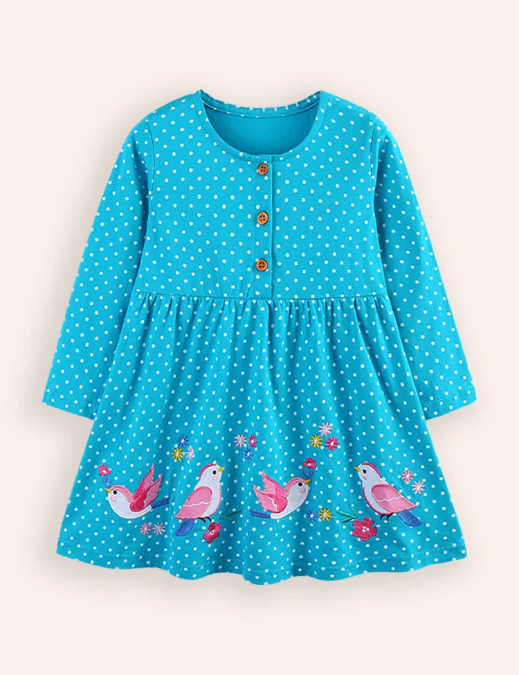 Bird Embroidered Long-sleeved Dress
