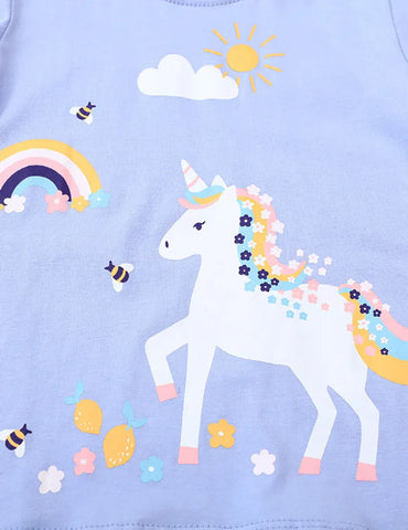 T-Shirt mit Regenbogen-Einhorn-Print, Kurzarm