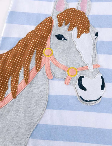 Horse Big Appliqué Long Sleeves Cotton Dress