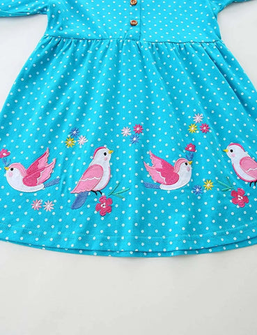 Bird Embroidered Long-sleeved Dress