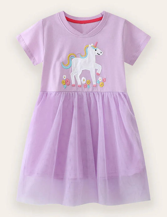 Tüllkleid Aus Baumwolle Mit Einhorn-Applikation