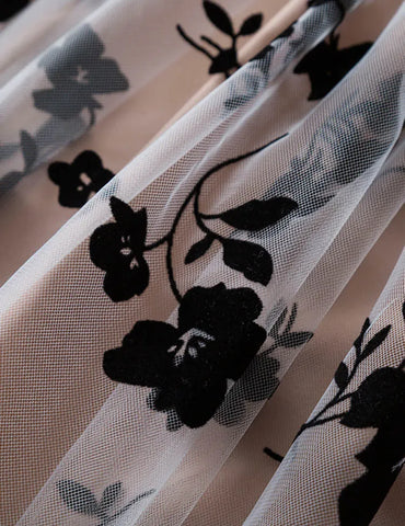 Flower Embroidered Fly-sleeved Tulle Dress