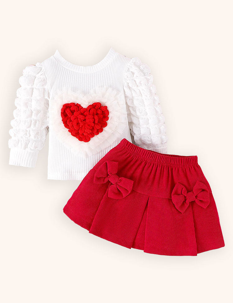 Conjunto de top con mangas de burbujas y falda con lazo para el día de San Valentín