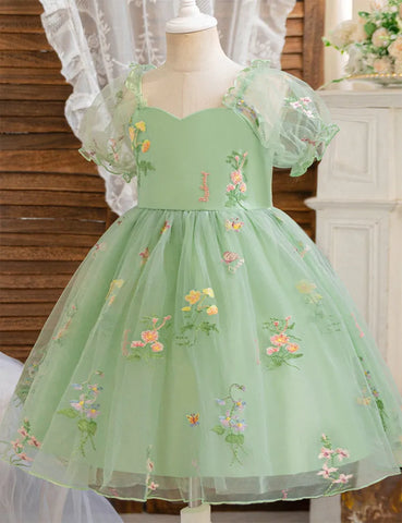 Abito da festa in tulle con ricamo floreale con maniche a palloncino