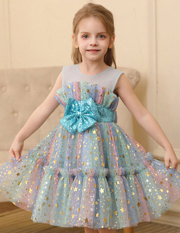 Color Sequined Star Tulle Puffy Dress Dress
