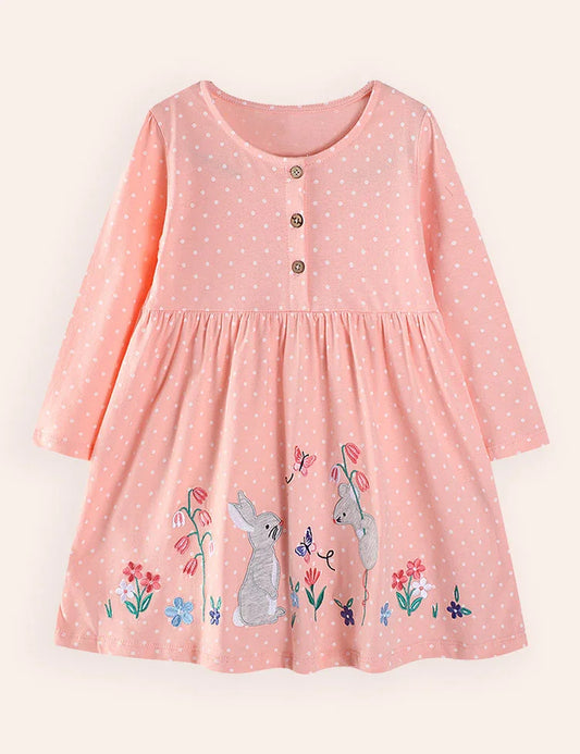 Vestido largo con bordado de conejo floral