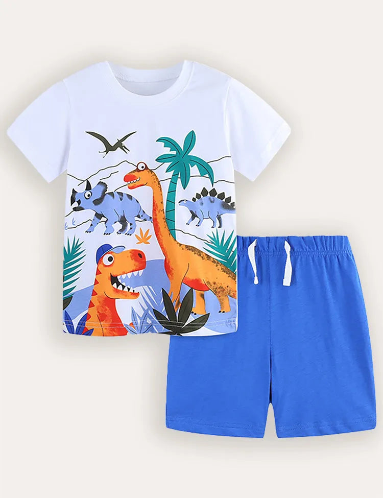 Conjunto de camiseta de manga corta y pantalones cortos con estampado de dinosaurio de dibujos animados