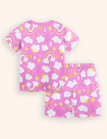 Kurzärmeliges Pyjama-Set mit Regenbogen-Wolken-Print