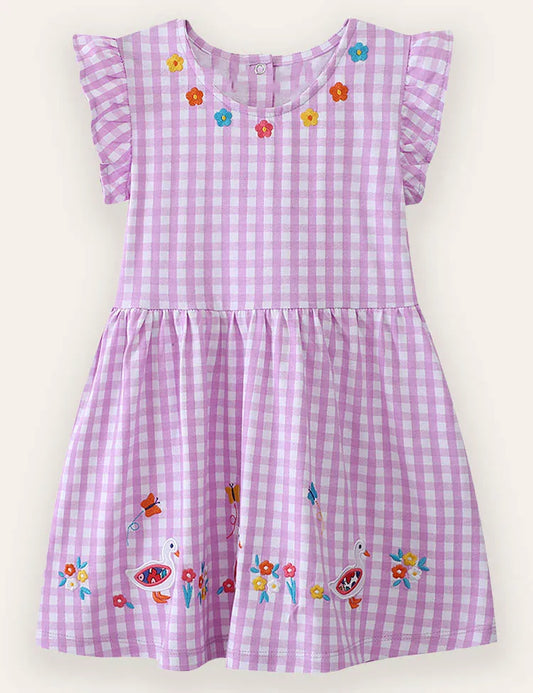 Kariertes Baumwollkleid mit Blumen- und Vogelstickerei