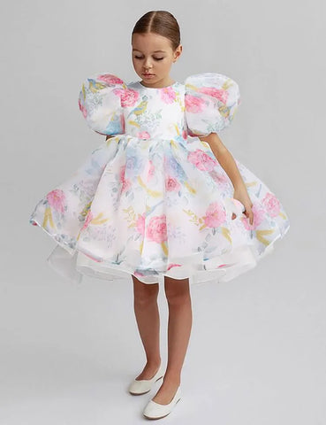 Abito da festa in tulle floreale con maniche a palloncino