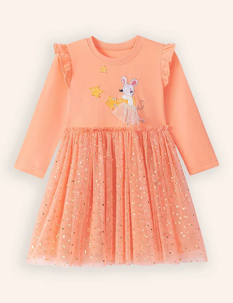 Muis appliqué tule jurk met lange mouwen