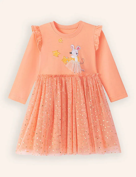 Muis appliqué tule jurk met lange mouwen