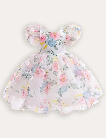 Abito da festa in tulle floreale con maniche a palloncino