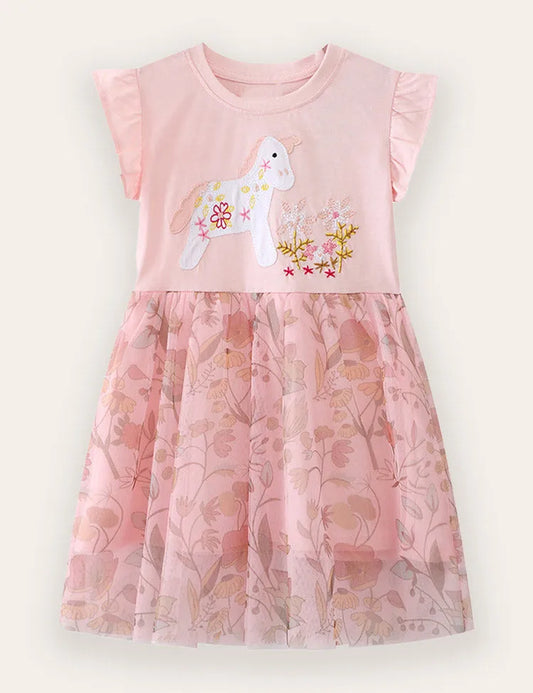 Tüllkleid mit Einhorn- und Blumenapplikation