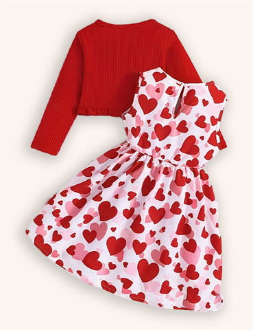 Cárdigan de punto de San Valentín + vestido estampado