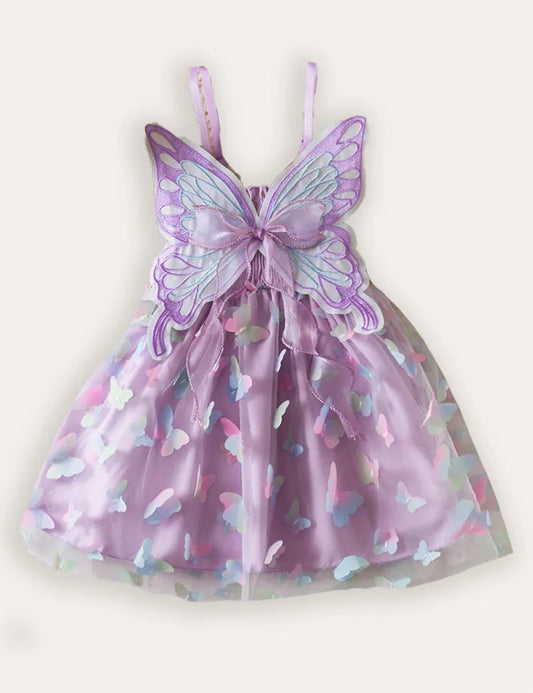Abito con bretelle in tulle colorato con ali di farfalla 3D