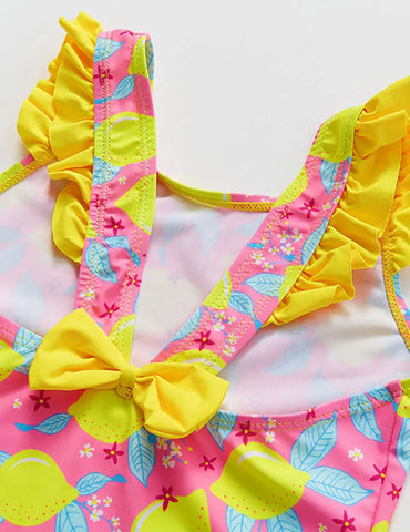 Lemon Print Ruffled Bow One-piece Swimsuit