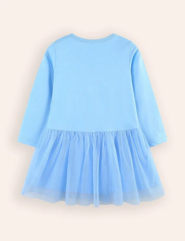 Rainbow Animal Embroidered Long-sleeved Tulle Dress