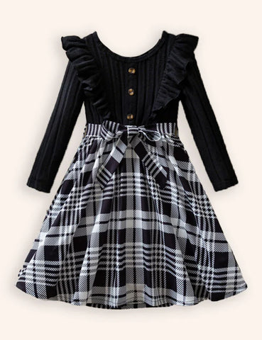 Knitted Plaid Flying Sleeve Princess Dress