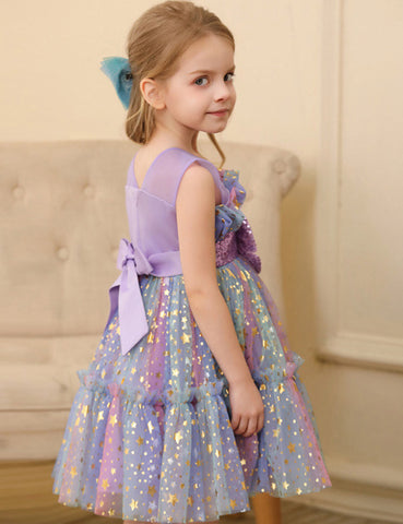 Color Sequined Star Tulle Puffy Dress Dress