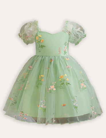 Abito da festa in tulle con ricamo floreale con maniche a palloncino