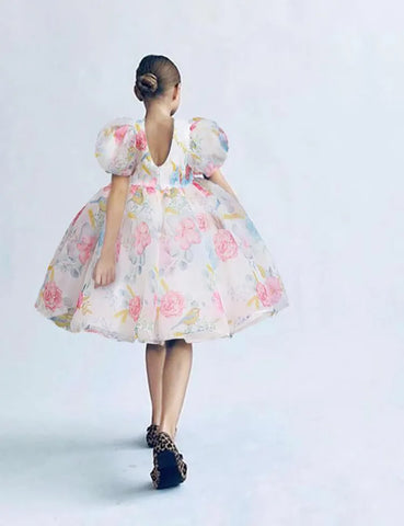 Abito da festa in tulle floreale con maniche a palloncino