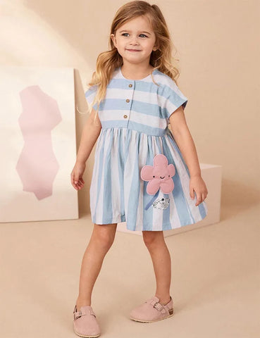 Gestreiftes Baumwollkleid mit Blumen-Applikation