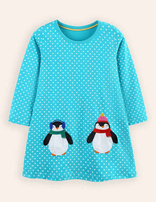 Schattige jurk met lange mouwen en pinguïnappliqué