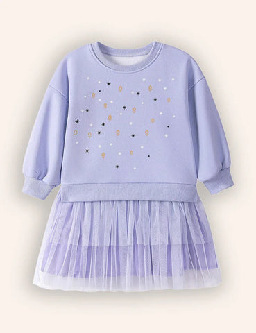 Fleece jurk van tule met sterrenprint en lange mouwen
