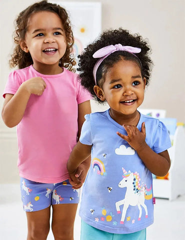T-Shirt mit Regenbogen-Einhorn-Print, Kurzarm
