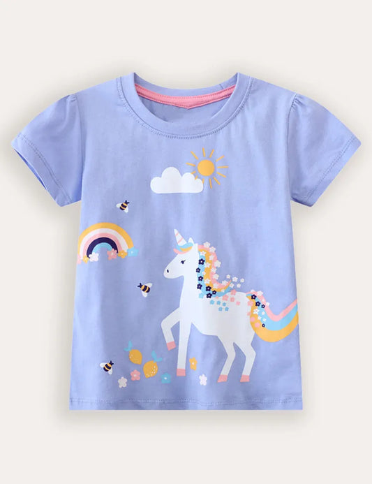 T-Shirt mit Regenbogen-Einhorn-Print, Kurzarm