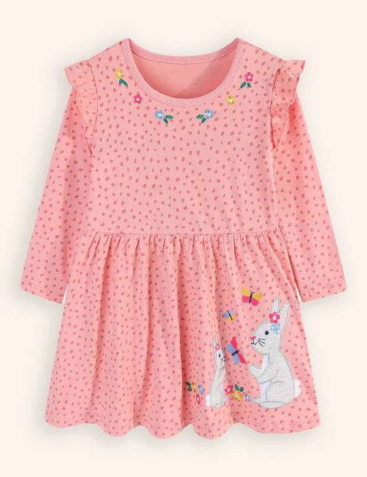 Rabbit Butterfly Embroidered Long Sleeve Dress