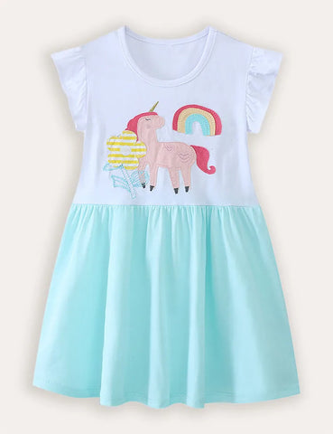 Besticktes Baumwollkleid mit Einhornmotiv
