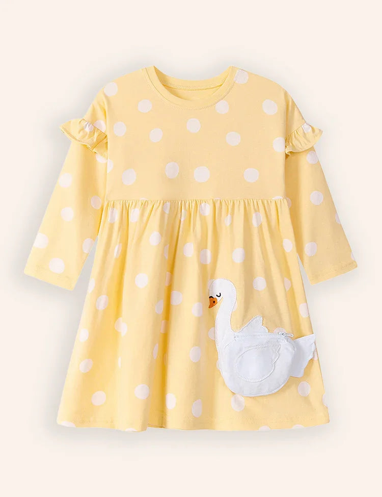 Abito a maniche lunghe con borsa con applique a cigno