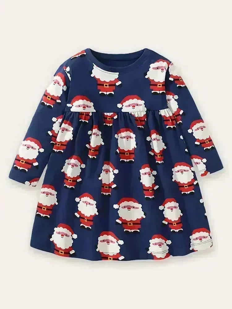 Santa Print Cotton Long-sleeved Dress