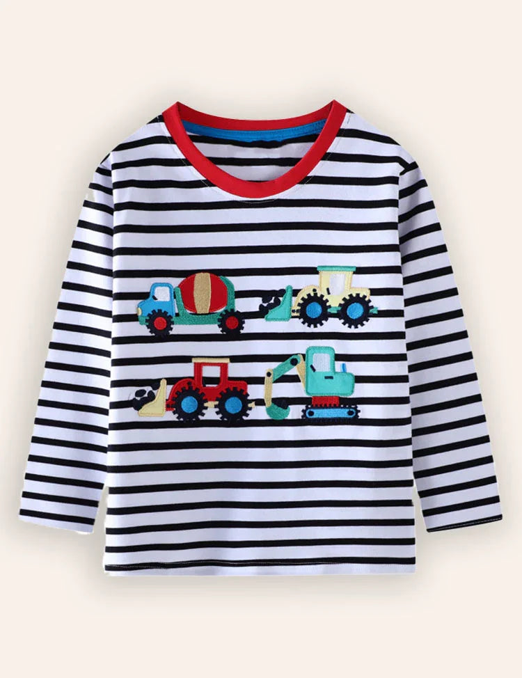 Construction Car Applique Striped Long Sleeve T-Shirt
