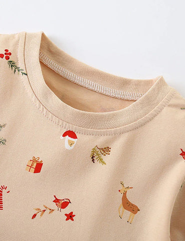 Christmas Little Deer Applique Long Sleeve Dress