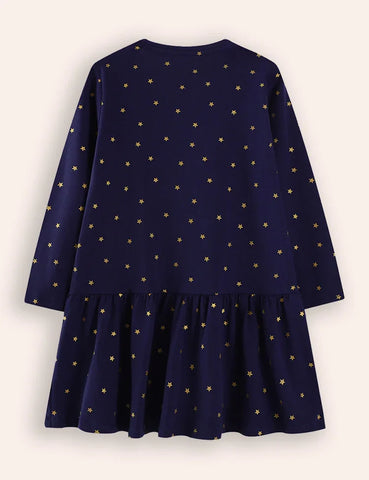Vestido de manga larga con apliques de unicornio y estrellas