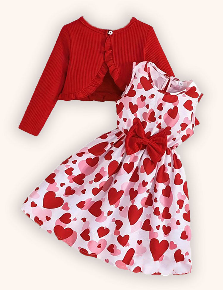 Cárdigan de punto de San Valentín + vestido estampado