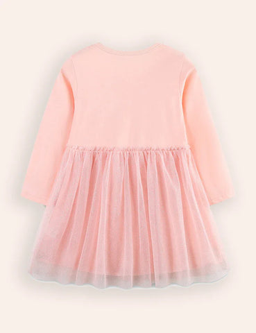 Bunny Printed Long Sleeves Tulle Dress