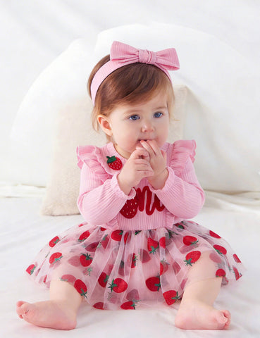 Strawberry Embroidered Tulle Cute Overall