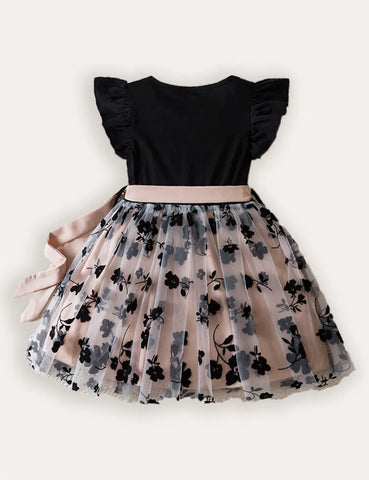 Flower Embroidered Fly-sleeved Tulle Dress