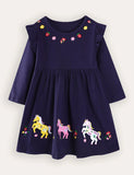 Cute Pony Embroidered Long-sleeved Dress